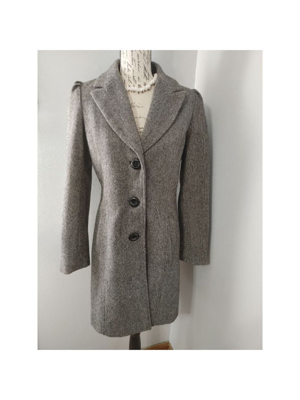 Women's Guess Gray & Black Wool Blend 3 Button Tweed Pea Coat Size M - Picture 2 of 13
